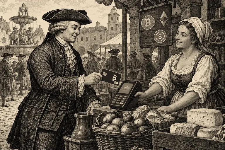 An engraved market scene where a customer pays a vendor with a bitcoin card at a contactless terminal