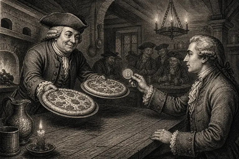 An engraved scene of two pizzas exchanged for bitcoin