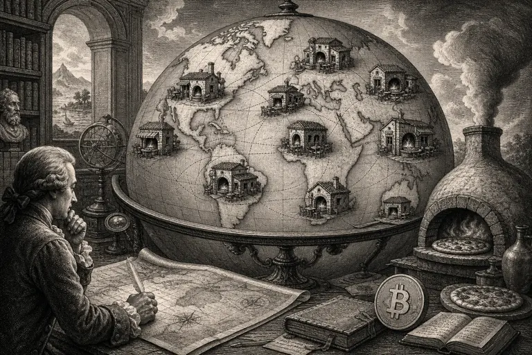 An engraved globe surrounded by pizzerias and a cryptocurrency coin